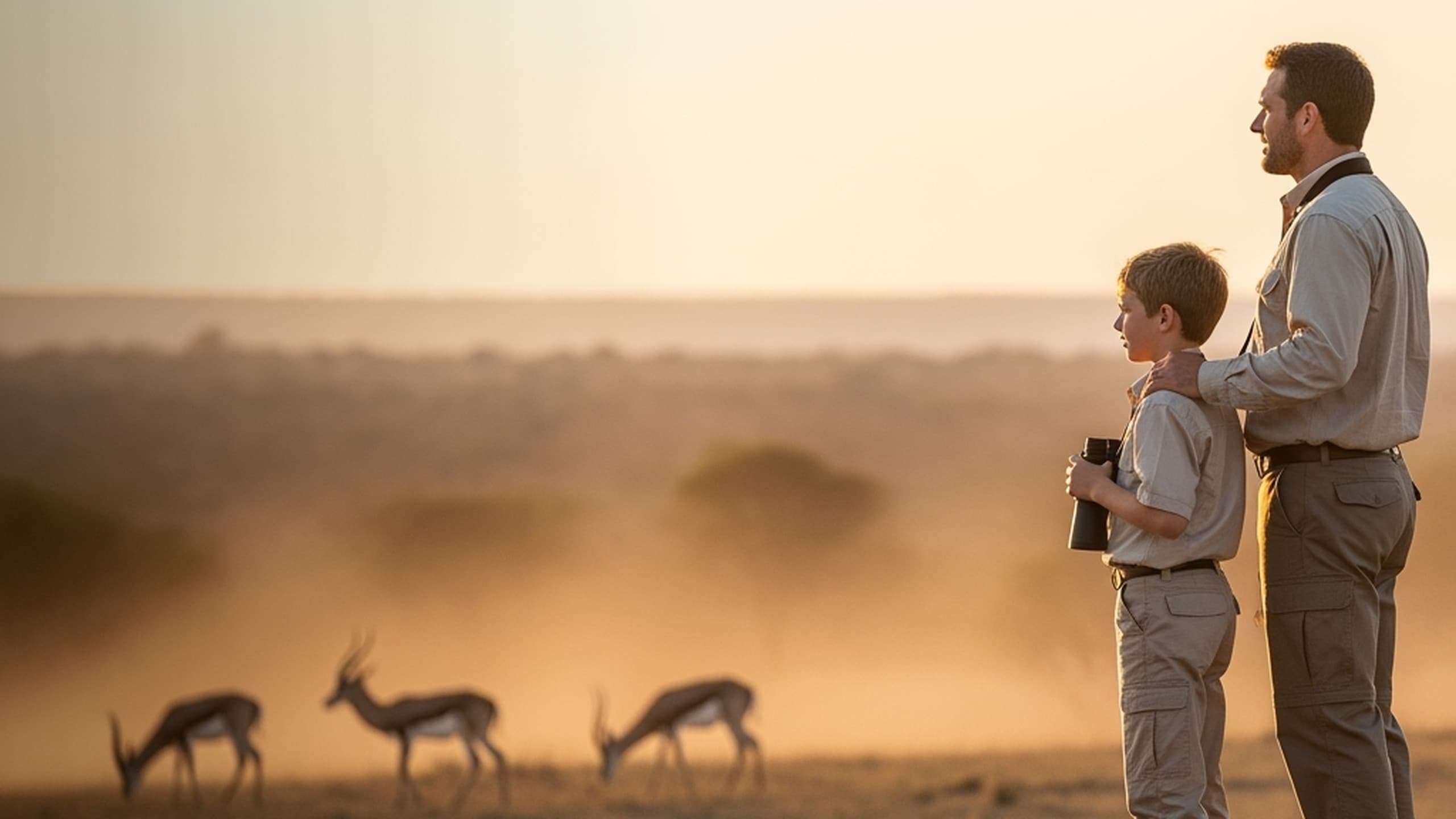 Hunter overlooking the African savannah at sunset